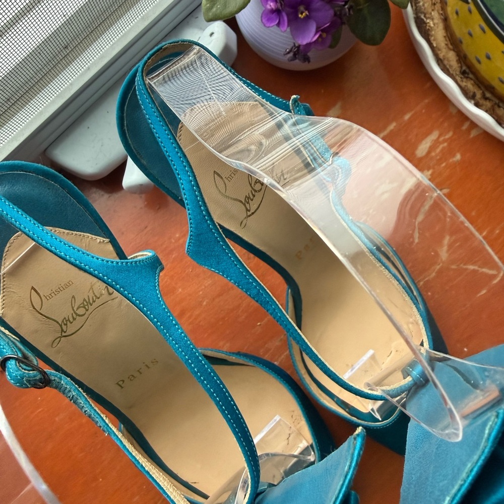 Christian Louboutin Teal Satin T-Strap Peep-Toe Heels with Bow Accent - Women - Picture 2 of 8